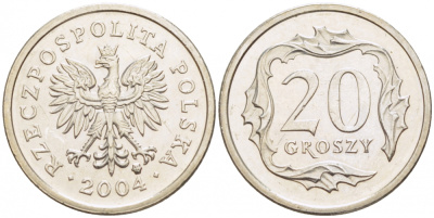 Польша 20 грошей 2004 MW KM 280, Parchimowicz 705l медно-никель UNC 4516-1232