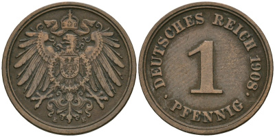 Германия 1 пфенниг 1908 E, Вильгельм II (1888-1918) KM 10, J. 10 медь 4608-162