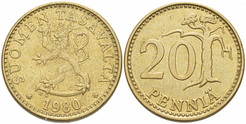 ФИНЛЯНДИЯ 20 ПЕННИ 1980 K KM 47 алюминиевая бронза 3718-653