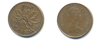 Канада 1 цент 1980 Елизавета II (1952-2022), кленовый лист KM 127 бронза 177-1358