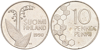 ФИНЛЯНДИЯ 10 ПЕННИ 1990 М, ЛАНДЫШ KM 65 медно-никель 4532-1063