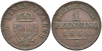 ПРУССИЯ 1 ПФЕННИГ 1868 А, ВИЛЬГЕЛЬМ I (1861-1888) KM 480 медь 201-551