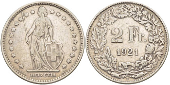 Швейцария 2 франка 1921 В KM 21 серебро 4542-433