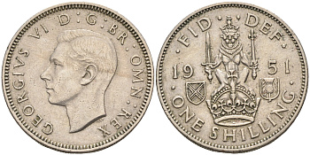 Великобритания 1 шиллинг 1951 Георг VI (1936-1952), Шотландский герб KM 877, Spink 4109 медно-никель    4595-922