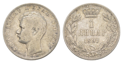 Сербия 1 динар 1897 Александр I (1889-1903) KM 21 серебро 4606-115