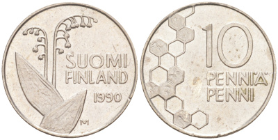 ФИНЛЯНДИЯ 10 ПЕННИ 1990 М, ЛАНДЫШ KM 65 медно-никель 4532-1063
