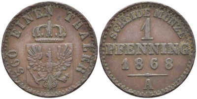 ПРУССИЯ 1 ПФЕННИГ 1868 А, ВИЛЬГЕЛЬМ I (1861-1888) KM 480 медь 201-551