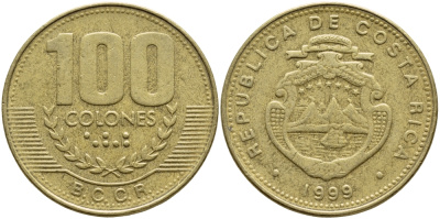 КОСТА-РИКА 100 КОЛОН 1999 B.C.C.R., ГОД ТИП KM 230а.1 латунь 59-121