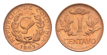 Колумбия 1 сентаво 1967 KM 205a сталь плакированная медью aUNC 4636-161