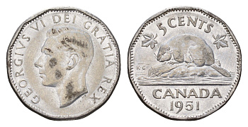 Канада 5 центов 1951 Георг VI (1936-1952), бобр KM 42a хромированная сталь 4679-664