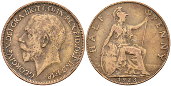 Великобритания 1/2 пенни 1923 Георг V (1910-1936) KM 809, Spink 4056 бронза 4589-923