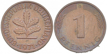 ФРГ 1 ПФЕННИГ 1971 G KM 105, J.380 сталь плакированная медью 3955-655
