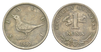 Хорватия 1 куна 1993 западный соловей, легенда на хорватском KM 9.1 медь цинк никель 4633-615