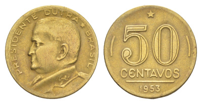 Бразилия 50 сентаво 1953 Эурику Дутра KM 563 алюминиевая бронза 4644-458