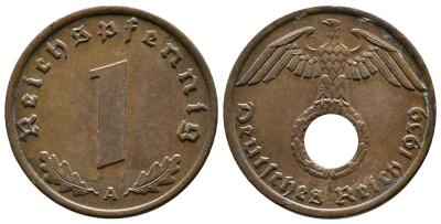 Германия 1 рейхспфенниг 1939 A KM 89, J. 361 бронза    220-352