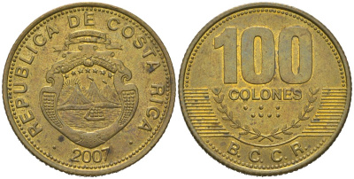 Коста-Рика 100 колонов 2007 KM 240a сталь плакированная латунью aUNC 4620-427