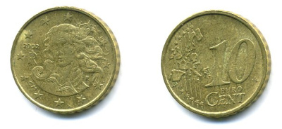 Франция 10 евроцентов 2002 KM 1285 латунь 29-1222