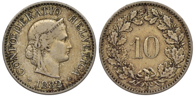 Швейцария 10 раппенов 1882 KM 27 медно-никель 4561-845