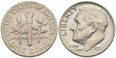 США 10 ЦЕНТОВ = 1 ДАЙМ 1972 РУЗВЕЛЬТ KM 195а медь плакированная медно-никелем 105-1044