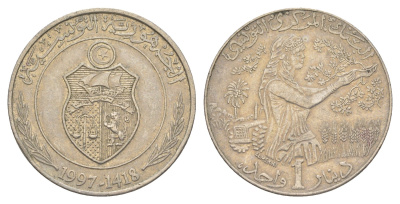 Тунис 1 динар 1997 KM 347 медно-никель 4401-613