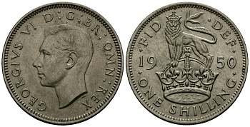 Великобритания 1 шиллинг 1950 Георг VI (1936-1952), Английский герб KM 863, Spink 4103 медно-никель 4546-1115