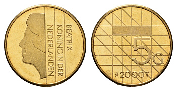 Нидерланды 5 гульденов 2000 KM 210 никель плакированный бронзой PROOF 650-1133