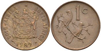 ЮАР 1 ЦЕНТ 1989 ДВЕ ПТИЧКИ НА ВЕТКЕ KM 82 бронза 4594-129