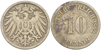 ГЕРМАНИЯ 10 ПФЕННИГОВ 1892 D KM 12, J. 13 медно-никель 4401-936