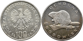 Польша 100 злотых 1978 MW, серия охрана окружающей среды, бобер KM 96, Parchimowicz 283 серебро PROOF 441-1122