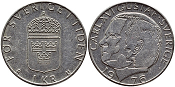 Швеция 1 крона 1976 Карл XVI Густав (1973- ) KM 852 медь плакированная медно-никелем 4397-454