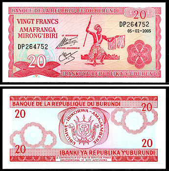 Бурунди 20 франков 2005 Pick 27 d бумага UNC (пресс) 7203-97-1-2