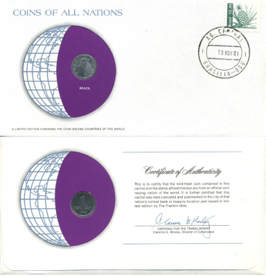 БРАЗИЛИЯ 1 СЕНТАВО 1969 КОНВЕРТ С МАРКОЙ ПЕРВОГО ДНЯ ГАШЕНИЯ, COINS OF NATIONS KM 575.2 сталь UNC 4294-63-1