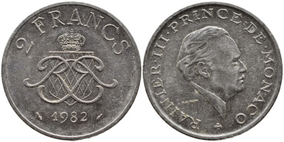 Монако 2 франка 1982 Ренье III (1949-2005) KM 157 никель 4389-1234