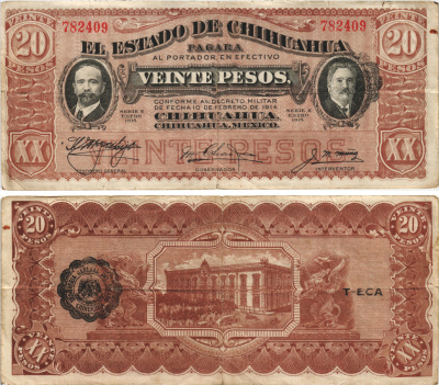 Мексика, Революция 20 песо 1915 штат Чиуауа, черная зубчатая печать Pick S537a бумага 6283-6-3