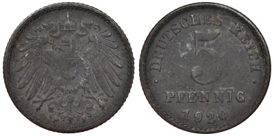 Германия 5 пфеннигов 1920 F KM 19, J. 297, Weege 5 железо 4118-1152