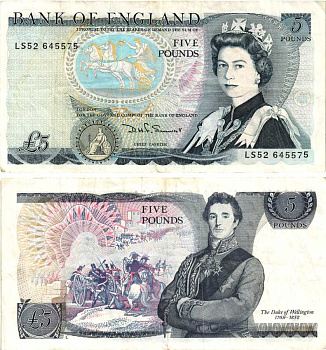 АНГЛИЯ 5 ФУНТОВ 1984-1986 ПОДПИСЬ D.H.F. SOMERSET, БУКВА L Pick 379c бумага 7548-67-1-1