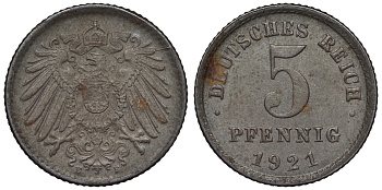 Германия 5 пфеннигов 1921 E KM 19, J. 297, Weege 5 железо 4118-1133