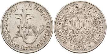 Валютный Союз стран Западной Африки 100 франков 1969 KM 4 никель 4575-1145