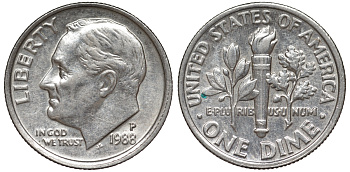 США 1 дайм - 10 центов 1988 P, Рузвельт KM 195a медь плакированная медно-никелем 4549-223