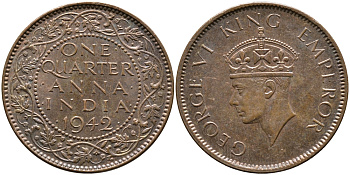 Британская Индия 1/4 анна 1942 Георг VI (1937-1952) KM 531 бронза aUNC 4364-2326