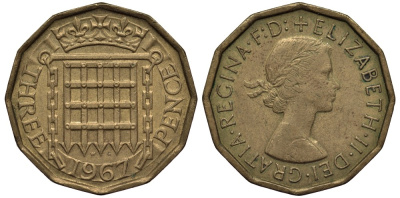 Великобритания 3 пенса 1967 Елизавета II (1952-2022) KM 900, Spink 4153 никель латунь 4538-1134