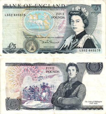 АНГЛИЯ 5 ФУНТОВ 1984-1986 ПОДПИСЬ D.H.F. SOMERSET, БУКВА L Pick 379c бумага 7548-67-1-1