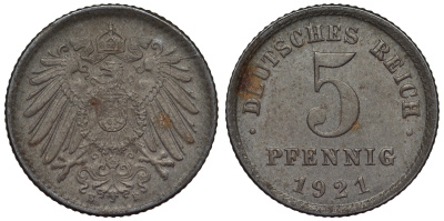 Германия 5 пфеннигов 1921 E KM 19, J. 297, Weege 5 железо 4118-1133