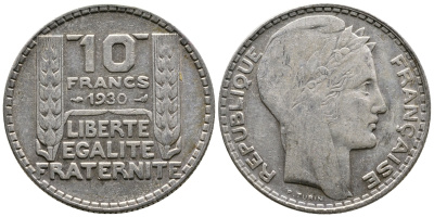 Франция 10 франков 1930 Пьер Тюрен KM 878, Le Franc 360.3 серебро 79-514