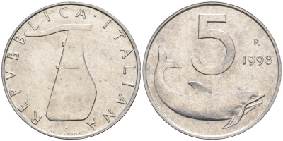Италия 5 лир 1998 R, дельфин KM 92 алюминий  UNC  4594-761