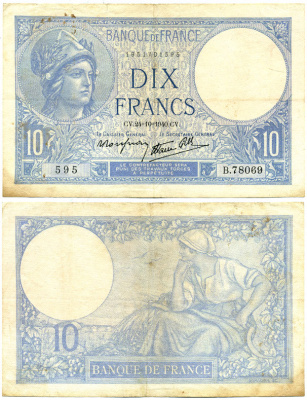 ФРАНЦИЯ 10 ФРАНКОВ 1940 24 ОКТЯБРЯ 1940, МИНЕРВА Pick 84 бумага VF-XF 7217-72-2