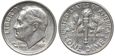 США 1 дайм - 10 центов 1988 P, Рузвельт KM 195a медь плакированная медно-никелем 4549-223