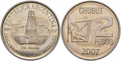 Аргентина 2 песо 2007 100 лет первой нефтяной скважине в Аргентине KM 145 медно-никель UNC M14-9