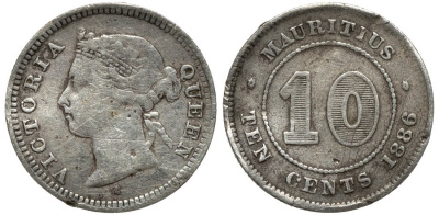 Маврикий 10 центов 1886 королева Виктория KM 10.1 серебро 4391-215