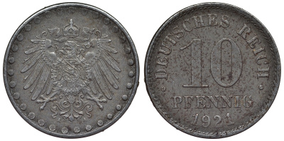Германия 10 пфеннигов 1921 A KM 20, J. 298 железо 4119-211